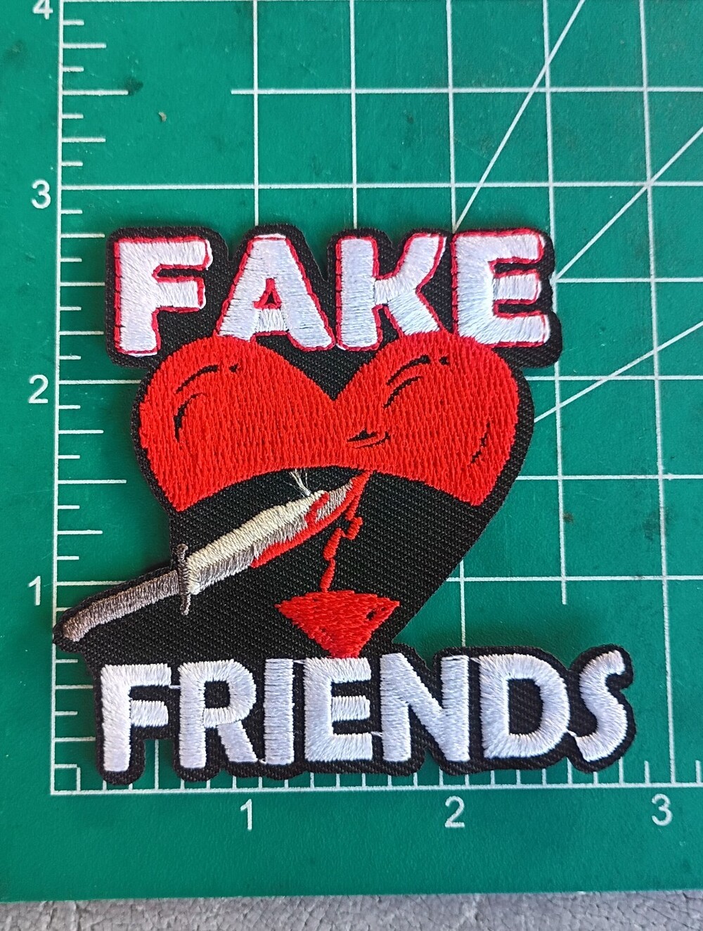 Fake Friends Slashed Heart Knife Iron On Embroidered Patch
